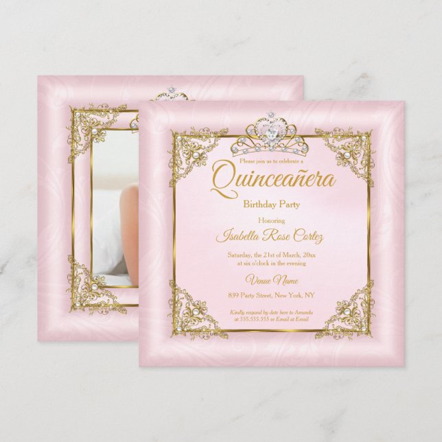 Invitación Quinceanera Rubor Foto de Damasco rosa Gold Tiara  (Anverso / Reverso)