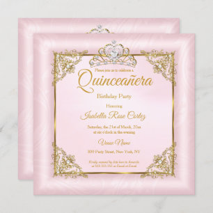Invitación Quinceanera Rubor Foto de Damasco rosa Gold Tiara 