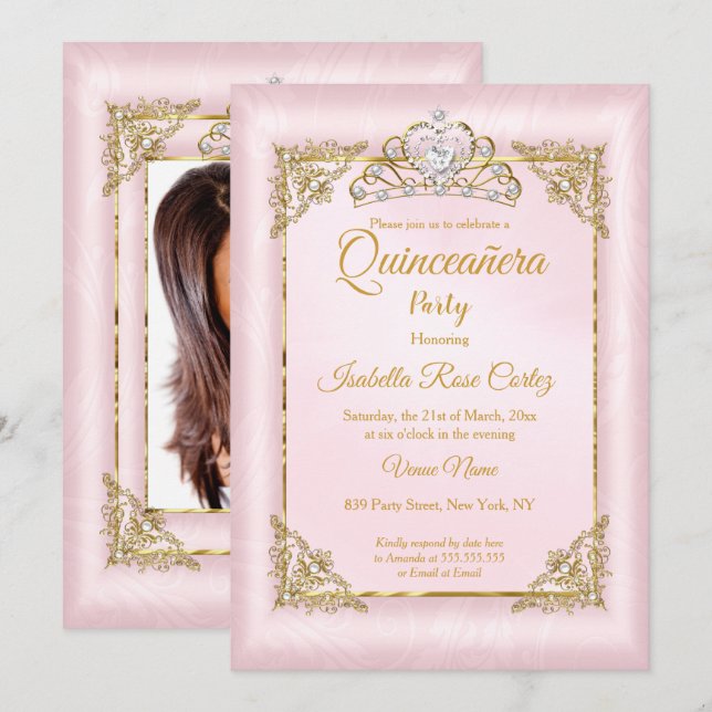 Invitación Quinceanera Rubor Foto de Damask rosa Gold Tiara (Anverso / Reverso)