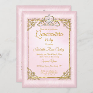 Invitación Quinceanera Rubor Foto de Damask rosa Gold Tiara