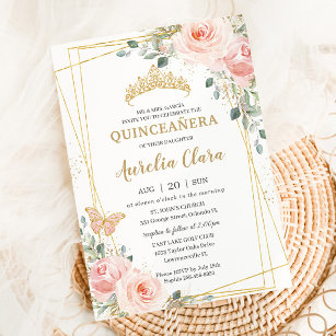 Invitación Quinceañera Rubor Mariposa Floral Rosa Rosa Rosa T
