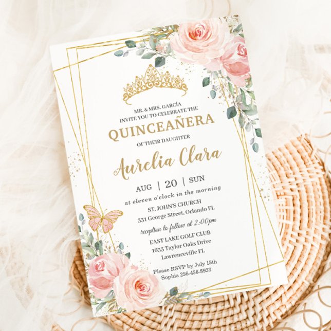 Invitación Quinceañera Rubor Mariposa Floral Rosa Rosa Rosa T (Subido por el creador)