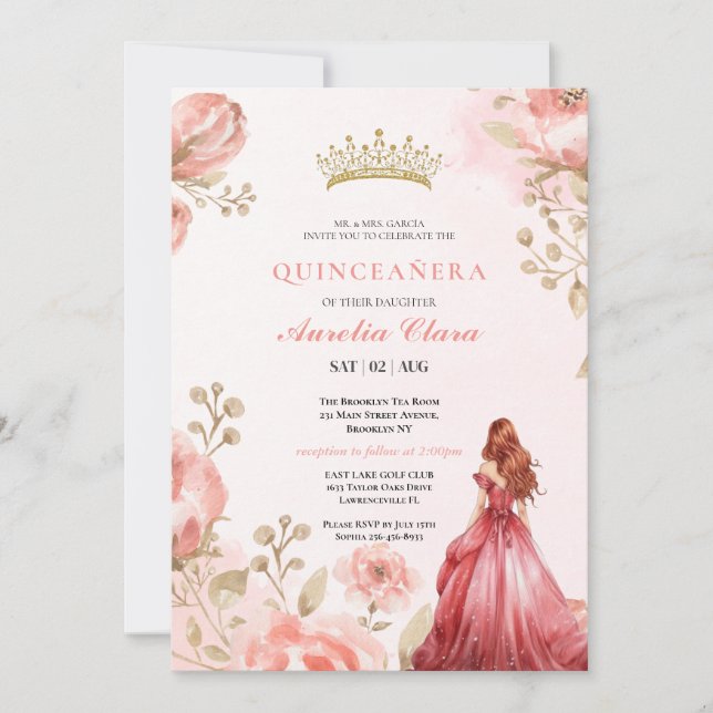 Invitación Quinceañera Rubor Mariposa Floral Rosa Rosa Rosa T (Anverso)
