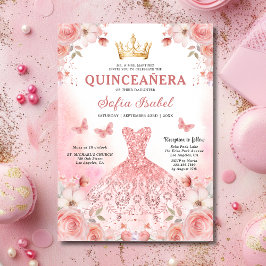 Invitación Quinceañera Rubor Mariposa Floral Rosa Rosa Rosada
