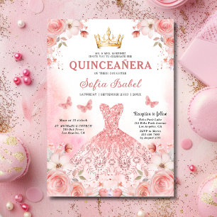 Invitación Quinceañera Rubor Mariposa Floral Rosa Rosa Rosada