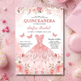 Invitación Quinceañera Rubor Mariposa Floral Rosa Rosa Rosada