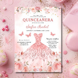 Invitación Quinceañera Rubor Mariposa Floral Rosa Rosa Rosada