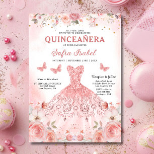 Invitación Quinceañera Rubor Mariposa Floral Rosa Rosa Rosada