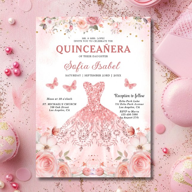 Invitación Quinceañera Rubor Mariposa Floral Rosa Rosa Rosada (Subido por el creador)