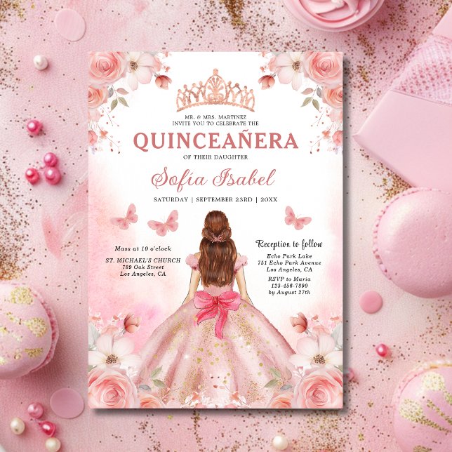 Invitación Quinceañera Rubor Mariposa Floral Rosa Rosa Rosada (Subido por el creador)