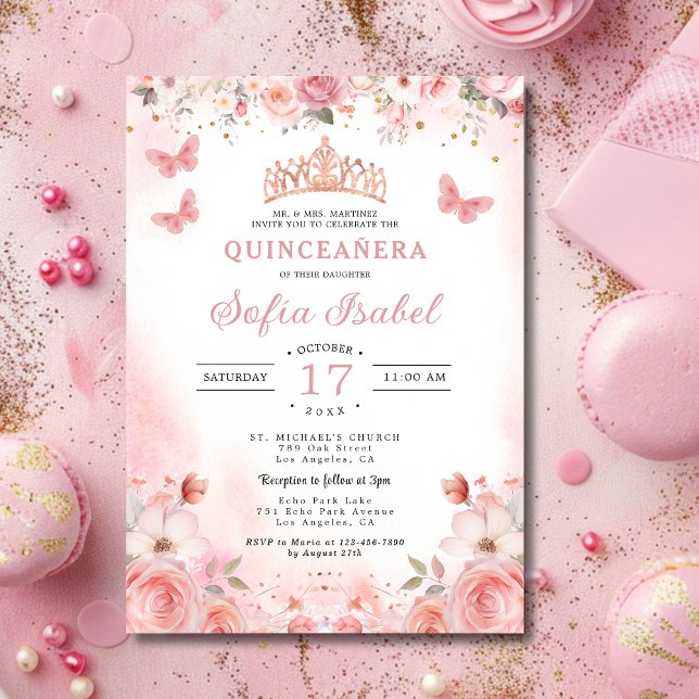 Invitación Quinceañera Rubor Mariposa Floral Rosa Rosa Rosada (Subido por el creador)