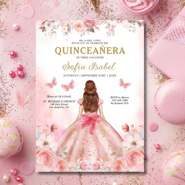 Invitación Quinceañera Rubor Mariposa Floral Rosa Rosa Rosada (Subido por el creador)