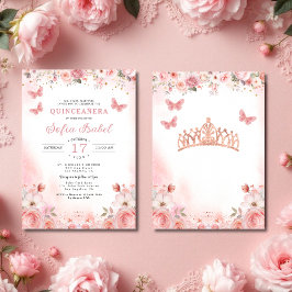 Invitación Quinceañera Rubor Mariposa Floral Rosa Rosa Rosada