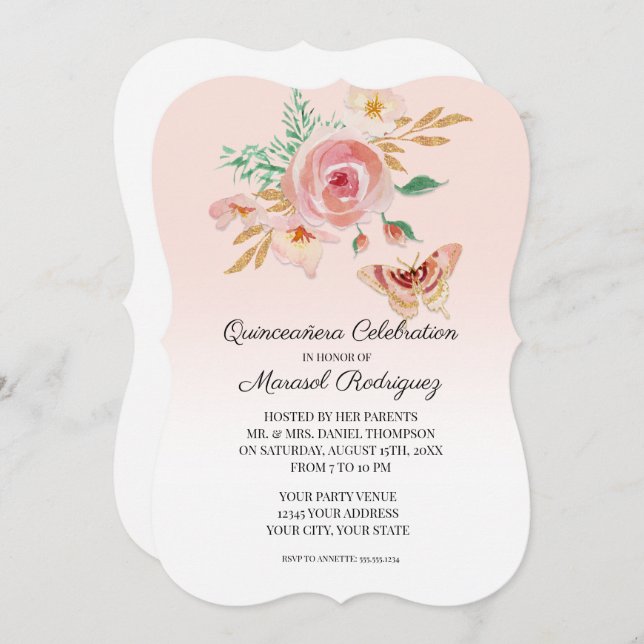Invitación Quinceañera Rubor Mariposa rosa con flores en oro (Anverso / Reverso)
