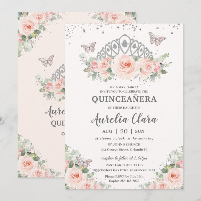 Invitación Quinceañera Rubor Mariposas de la Corona Floral Ro (Anverso / Reverso)