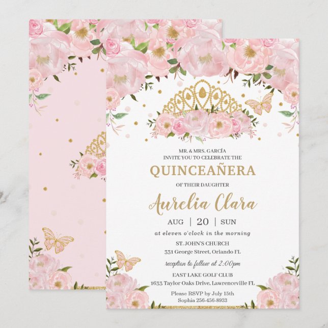 Invitación Quinceañera Rubor Mariposas Florales Rosa Tiara (Anverso / Reverso)