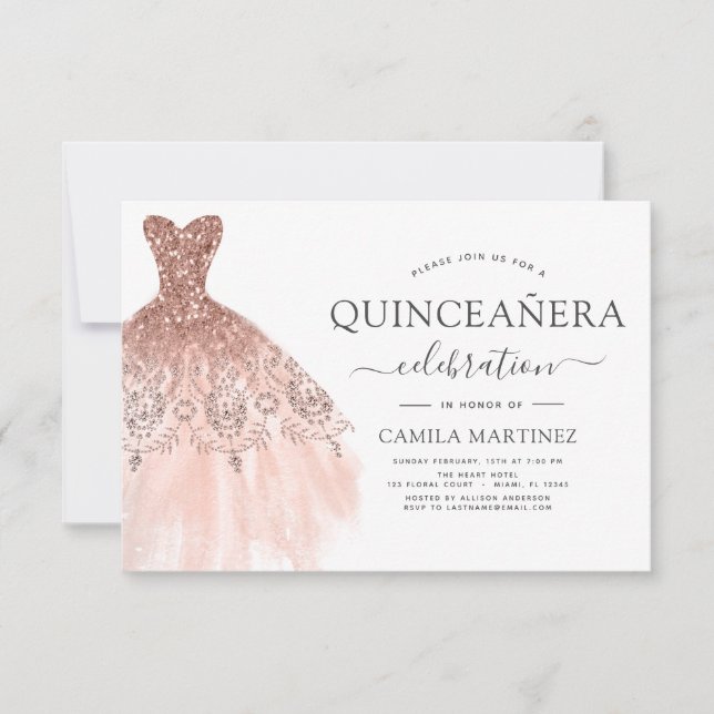 Invitación Quinceanera Rubor Pink - Esparkle Rosa Purpurina G (Anverso)