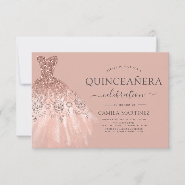 Invitación Quinceanera Rubor Pink - Esparkle Rosa Purpurina G (Anverso)