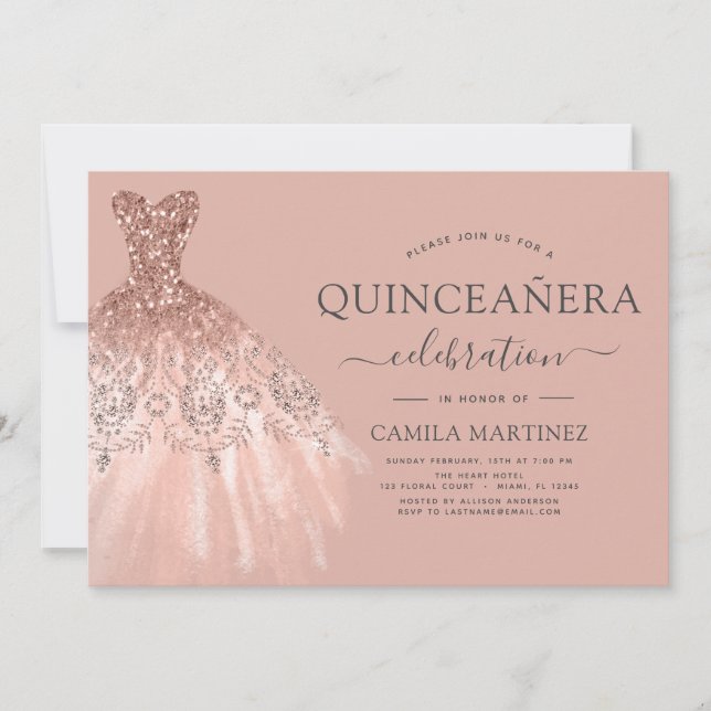 Invitación Quinceanera Rubor Pink - Esparkle Rosa Purpurina G (Anverso)