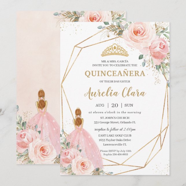 Invitación Quinceañera Rubor Pink Floral Geométrica Cumpleaño (Anverso / Reverso)