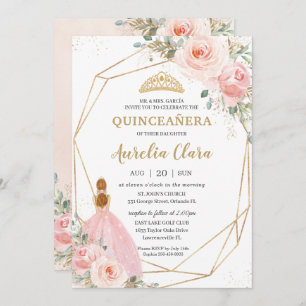 Invitación Quinceañera Rubor Pink Floral Geométrica Cumpleaño
