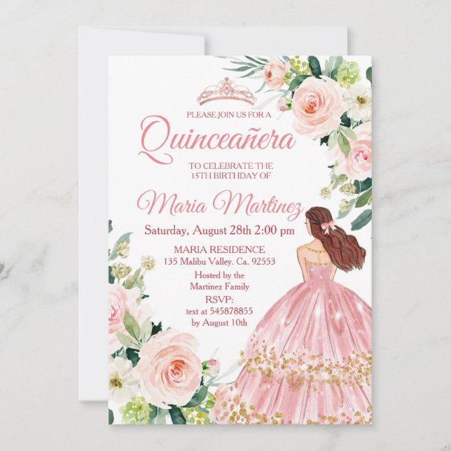 Invitación Quinceanera Rubor Pink Floral Mexicana Cumpleaños (Anverso)
