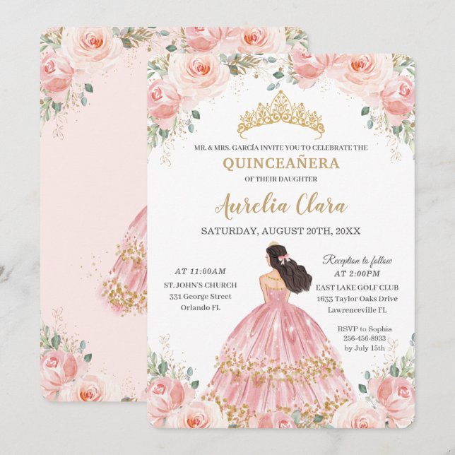 Invitación Quinceañera Rubor Pink Floral Princesa Cumpleaños (Anverso / Reverso)