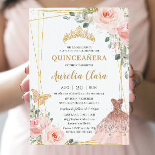 Invitación Quinceañera Rubor Pink Floral Princesa Gown Tiara