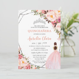 Invitación Quinceañera Rubor Pink Floral Princesa Silver Invi