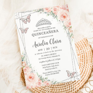 Invitación Quinceanera Rubor Pink Floral Silver Butterflies