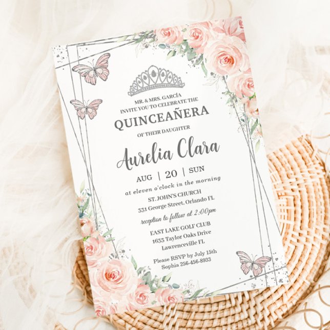 Invitación Quinceanera Rubor Pink Floral Silver Butterflies (Subido por el creador)