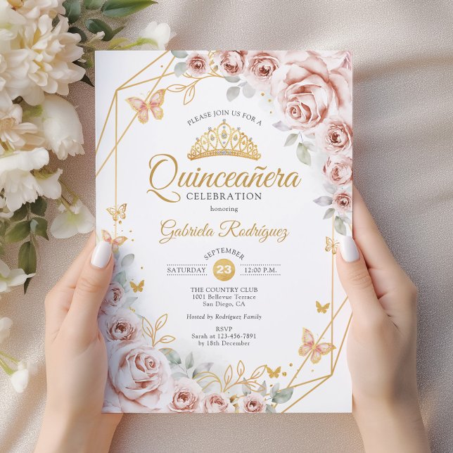 Invitación Quinceanera Rubor Pink Gold Floral (Subido por el creador)