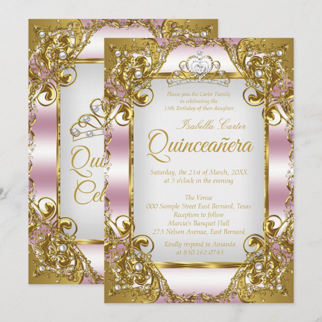 Invitación Quinceanera Rubor Pink Golden Pearl Tiara Fiesta (Anverso / Reverso)