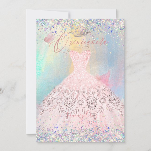 Invitación Quinceanera Rubor Pink Gown Holographic Purpurina (Anverso)