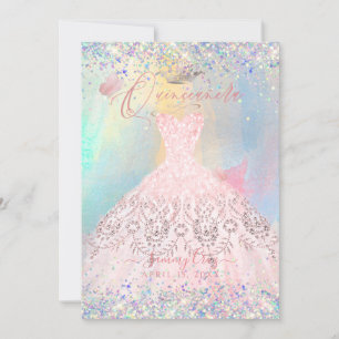 Invitación Quinceanera Rubor Pink Gown Holographic Purpurina
