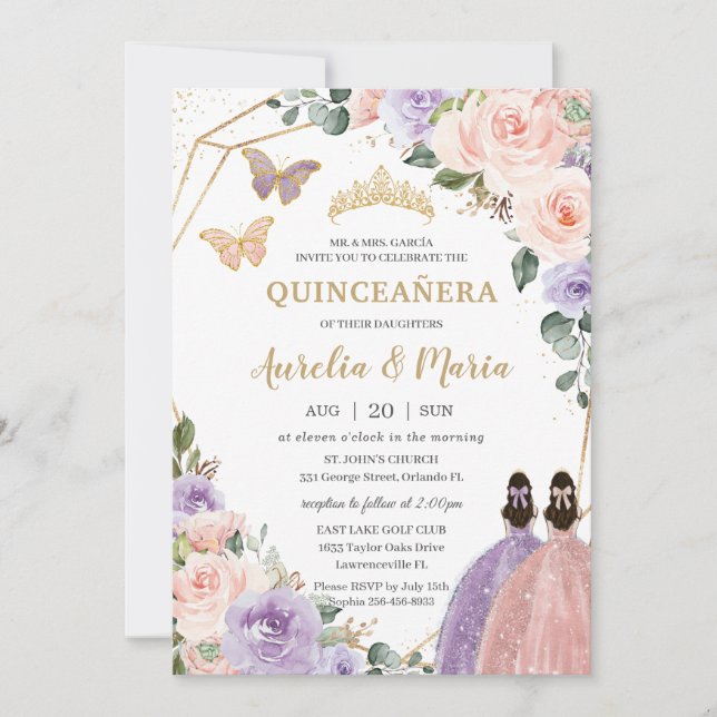 Invitación Quinceañera Rubor Pink Lilac Morple Floral Twins (Anverso)