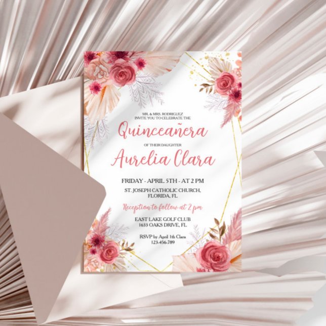 Invitación Quinceañera Rubor Pink Pampas Grass Floral (Subido por el creador)