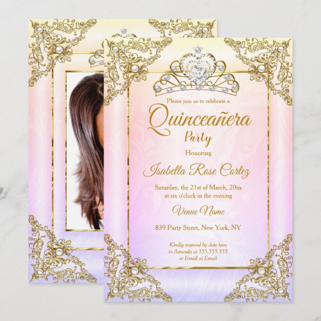 Invitación Quinceanera Rubor Pink Purple foto Gold Tiara (Anverso / Reverso)