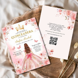 Invitación Quinceañera Rubor Pink QR Code Floral