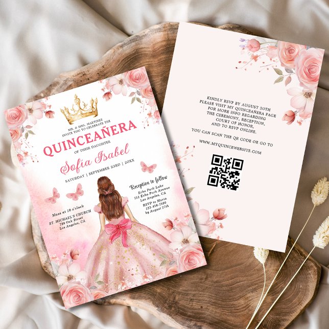 Invitación Quinceañera Rubor Pink QR Code Floral (Subido por el creador)