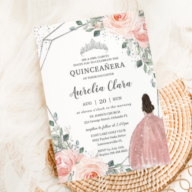 Invitación Quinceañera Rubor Pink Rose Floral Mis Quince Anos (blush-floral-flowers-silver-princess-dress-quinceanera-15th-sweet-16-birthday-party-Invitation)