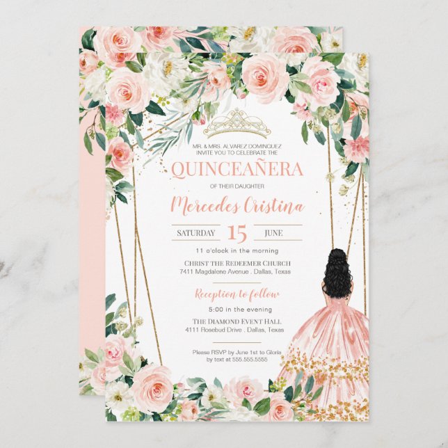 Invitación Quinceanera Rubor Pink Rose Gold, Chica en el luga (Anverso / Reverso)