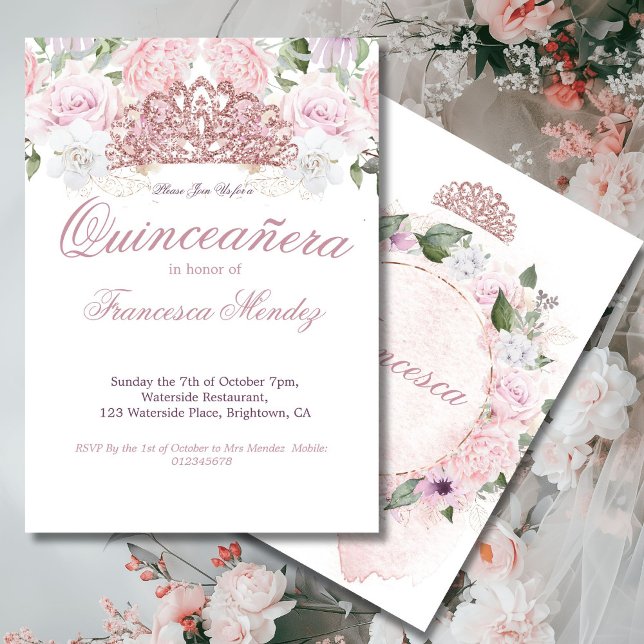 Invitación Quinceanera Rubor Pink Tiara Floral (Subido por el creador)