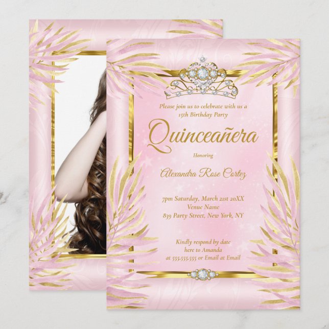 Invitación Quinceanera Rubor Pink Tiara Foto Fiesta de cumple (Anverso / Reverso)