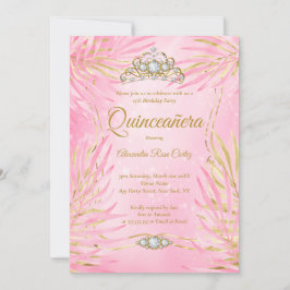 Invitación Quinceanera Rubor Pink Tiara Palms Fiesta de cumpl