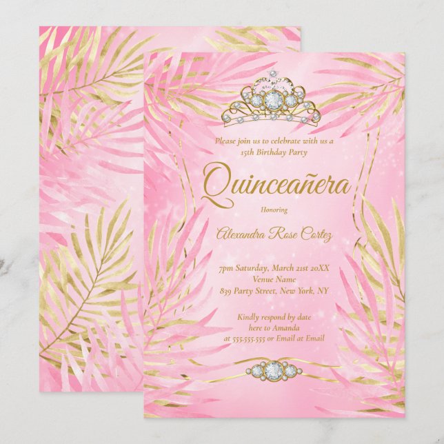 Invitación Quinceanera Rubor Pink Tiara Palms Fiesta de cumpl (Anverso / Reverso)