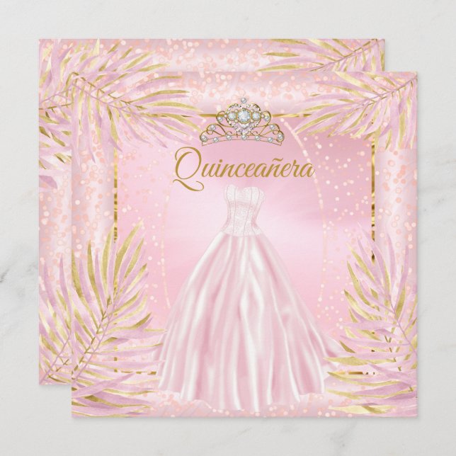 Invitación Quinceanera Rubor Pink Tiara vestido fiesta de cum (Anverso / Reverso)