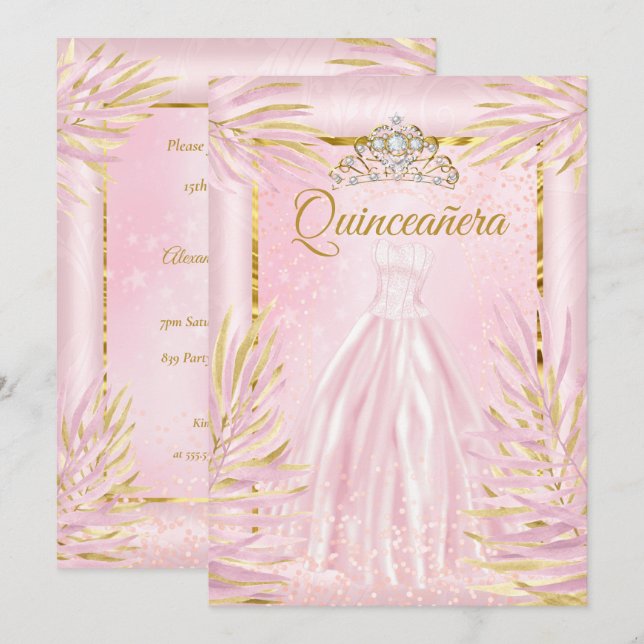 Invitación Quinceanera Rubor Pink Tiara vestido fiesta de cum (Anverso / Reverso)