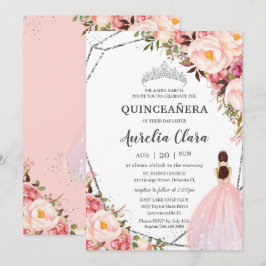 Invitación Quinceañera Rubor Plata Princesa Floral Rosa