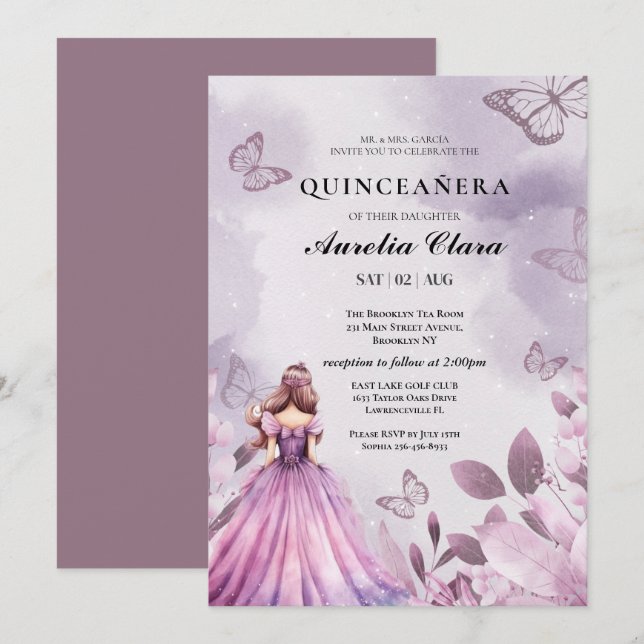 Invitación Quinceañera Rubor  púrpura Floral Mariposa  (Anverso / Reverso)
